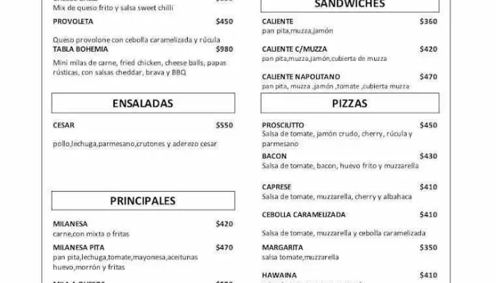 Bohemia Bar -  Menu - Montevideo