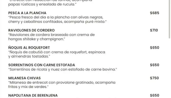 Chivas Resto -  Menu - Minas