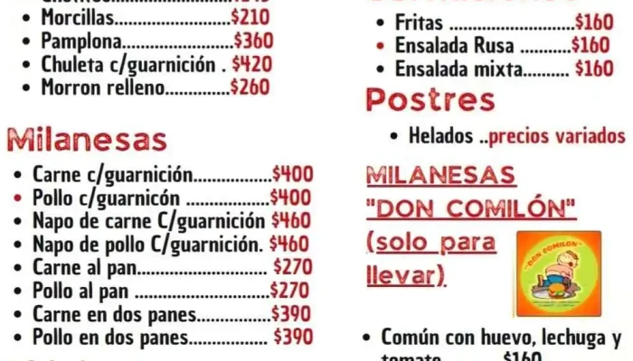 Don Comilon Paso De Los Toros Menu - Paso de los Toros