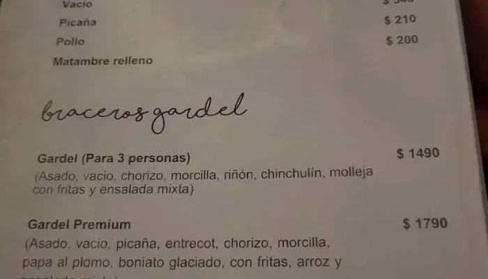 Gardel Restaurante E Parrillada -  Menu - Rivera