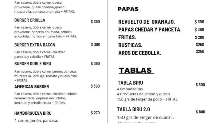 Restaurante Biru -  Menu - Tacuarembó